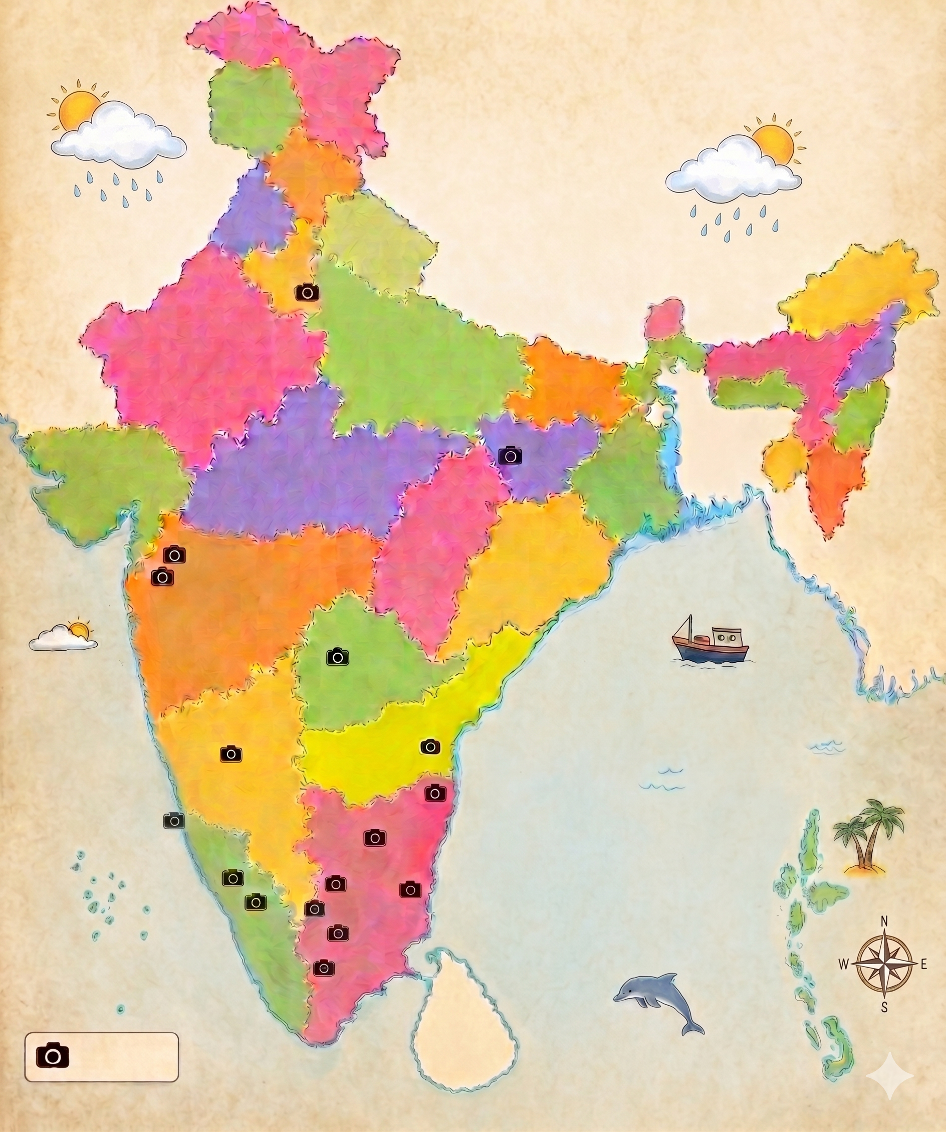 An illustrated, watercolour map of India showing the states in pastel colours with camera icons at every place I have been